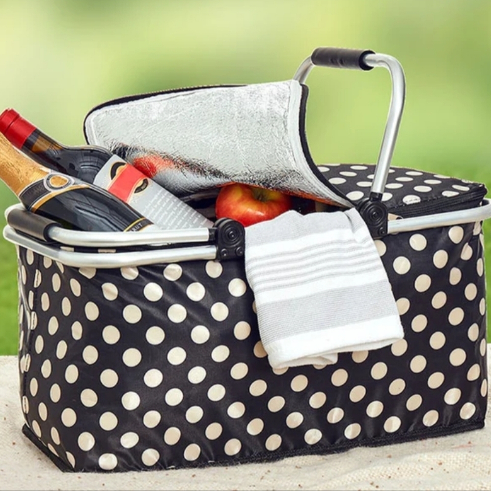 Black and White Polka Dot Insulated Picnic Basket - Picture 3 of 4